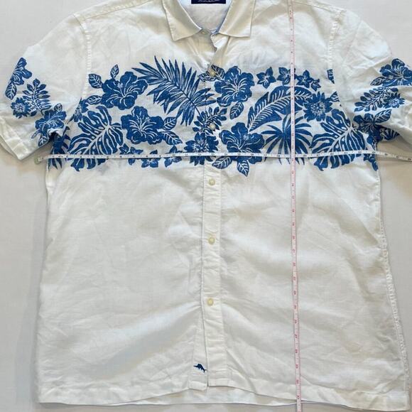 Tommy Bahama Linen Hawaiian White Button Down Short Sleeve Shirt Blue Floral XL - Picture 12 of 14